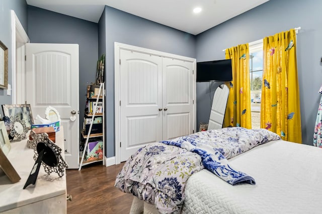 bedroom featuring a closet and dark wood-type flooring