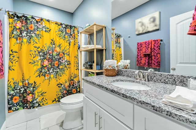 bathroom with toilet, vanity, and a shower with shower curtain