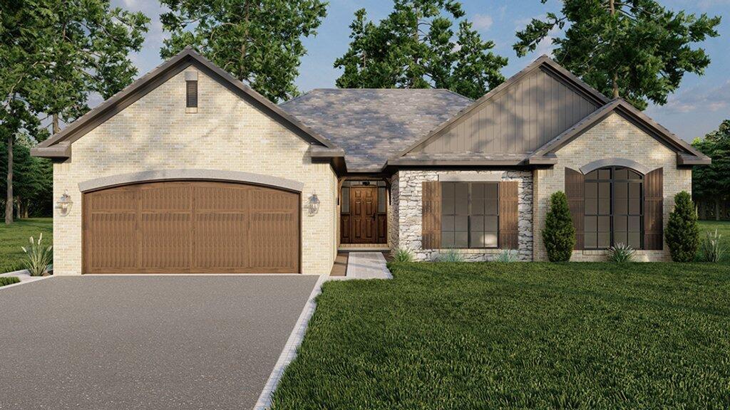 view of front of property featuring an attached garage, brick siding, driveway, and a front yard