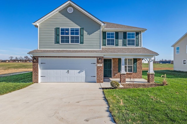 traditional home featuring brick siding, a porch, an attached garage, a front yard, and driveway