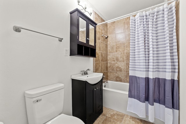 full bathroom featuring toilet, vanity, and shower / bath combination with curtain