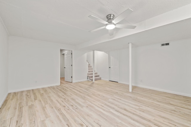 interior space with light hardwood / wood-style floors, ceiling fan, and a textured ceiling