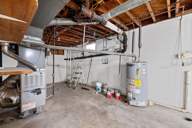 basement with water heater and heating unit