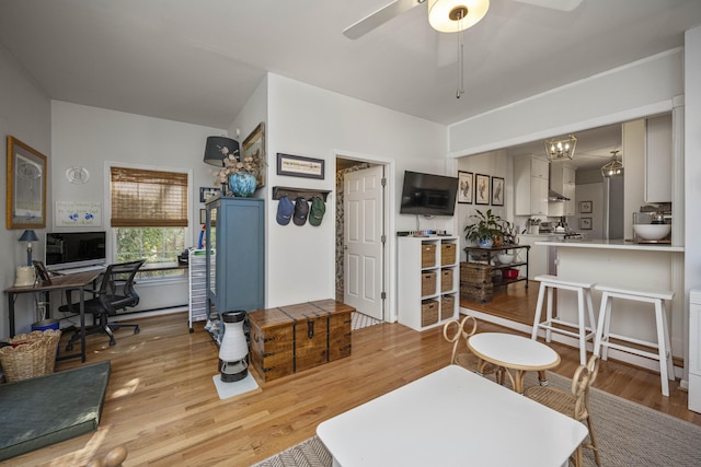 living room featuring ceiling fan and light hardwood / wood-style flooring