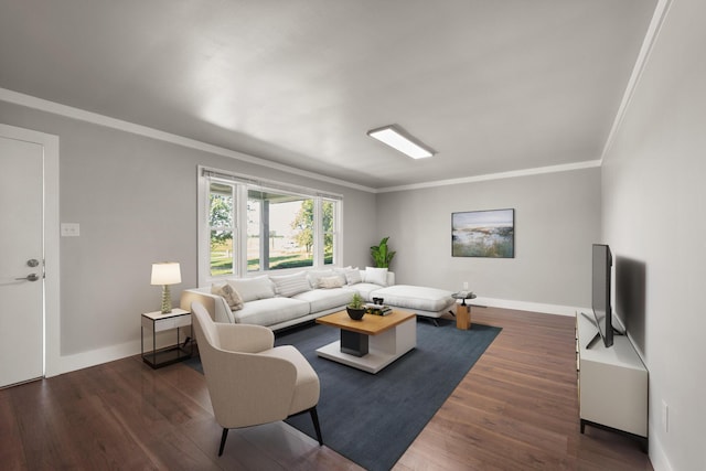 living area featuring baseboards, wood finished floors, and crown molding