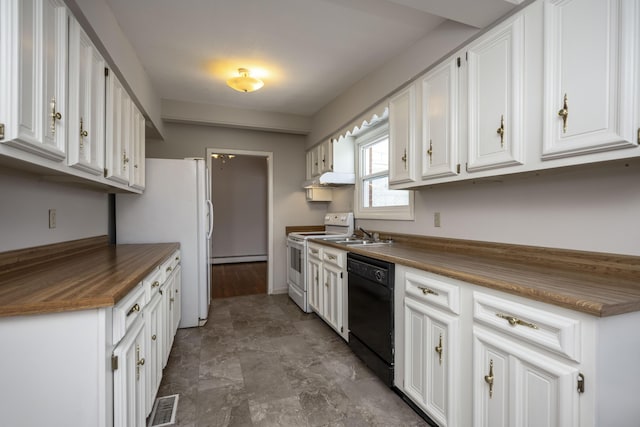 kitchen featuring under cabinet range hood, white appliances, butcher block counters, visible vents, and white cabinetry