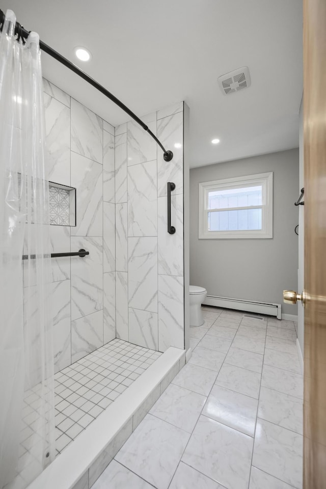 full bath with visible vents, toilet, marble finish floor, baseboard heating, and a shower stall