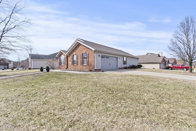 ranch-style home with a garage, a front yard, concrete driveway, and brick siding