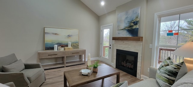 living room featuring light wood-type flooring and high vaulted ceiling