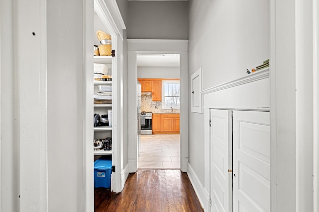 corridor with dark wood-style floors and a sink