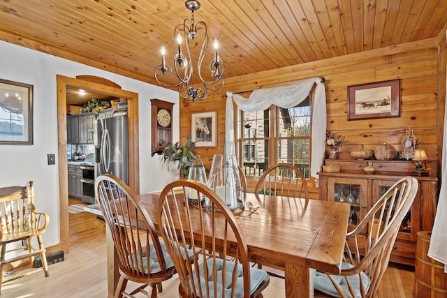 dining room featuring wooden ceiling, light wood-style flooring, a chandelier, and wood walls