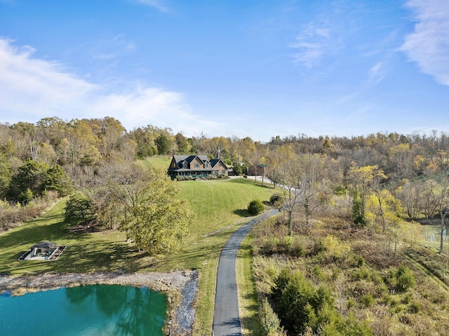 bird's eye view with a wooded view