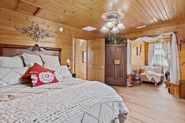 bedroom with visible vents, wood finished floors, wood ceiling, and wooden walls