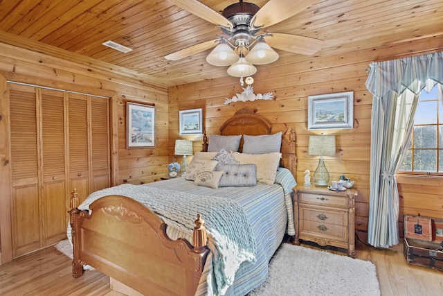 bedroom featuring wooden ceiling, light wood-style flooring, wooden walls, and ceiling fan