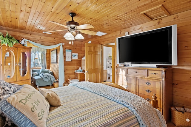 bedroom with ceiling fan, wood walls, and wood ceiling