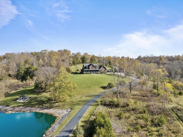 birds eye view of property with a water view and a view of trees