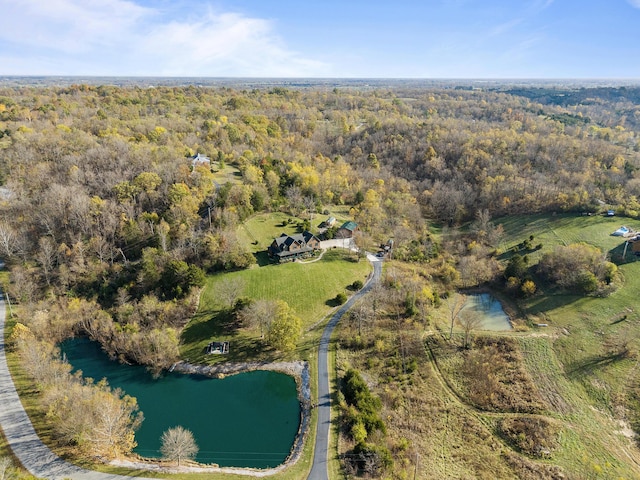 aerial view featuring a water view and a view of trees