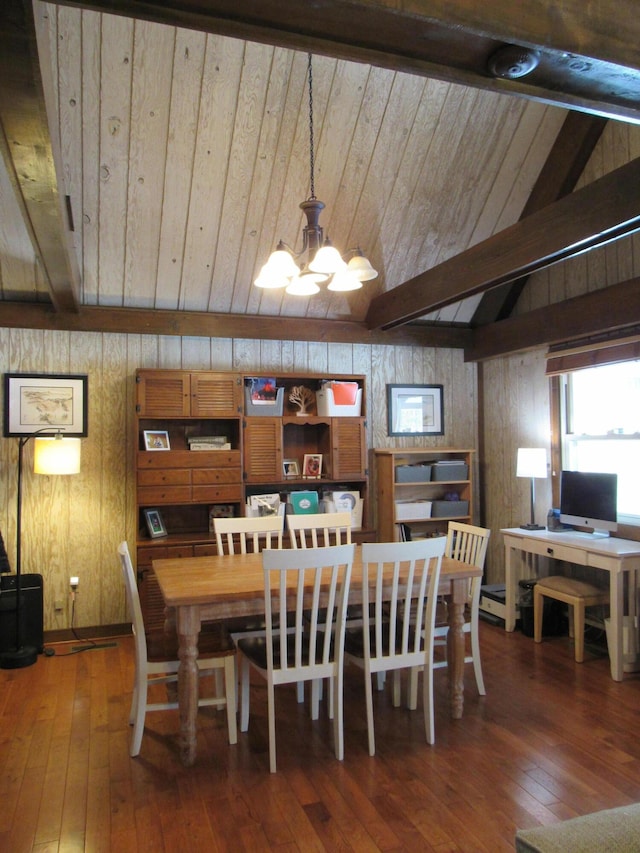 dining area with wooden walls, lofted ceiling with beams, wooden ceiling, hardwood / wood-style flooring, and an inviting chandelier