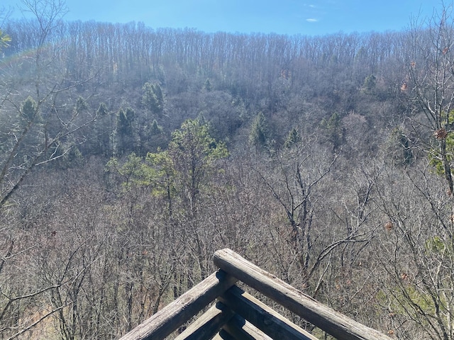 exterior space featuring a forest view