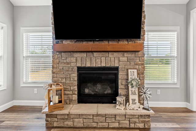 interior details featuring wood finished floors, baseboards, and a stone fireplace