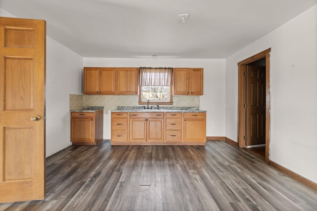 kitchen with dark wood-style flooring, baseboards, a sink, and decorative backsplash