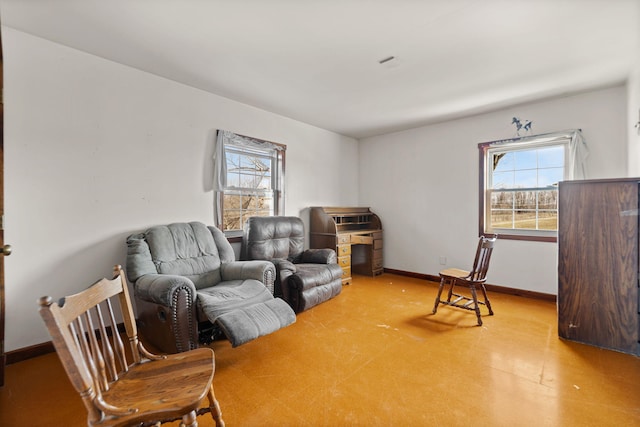 living area featuring a healthy amount of sunlight and baseboards