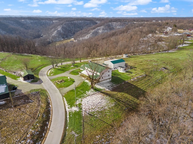 bird's eye view with a forest view and a rural view