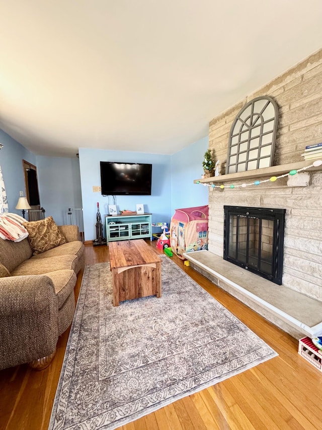 living room featuring a fireplace and wood finished floors