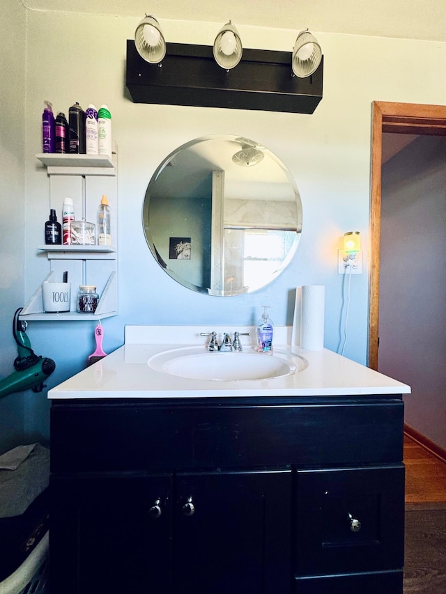 bathroom with wood finished floors and vanity