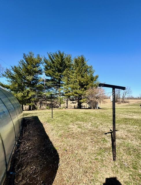 view of yard with a greenhouse and an outbuilding