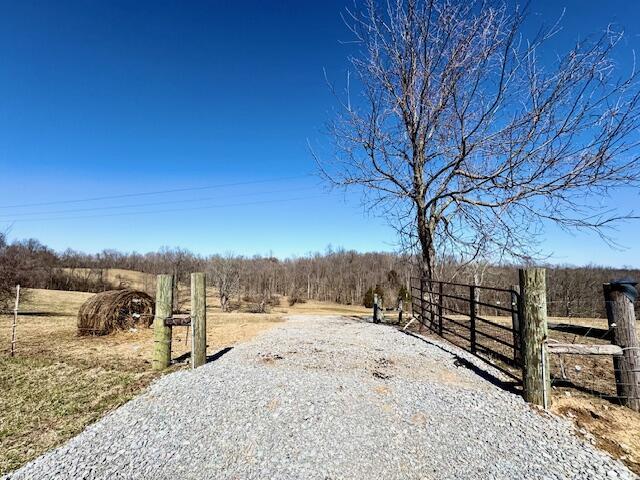 view of street featuring gravel driveway, a rural view, and a gated entry