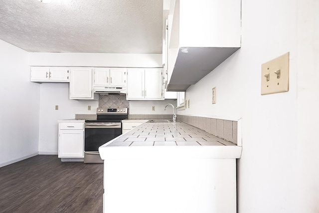 kitchen with under cabinet range hood, stainless steel electric stove, white cabinets, and a sink