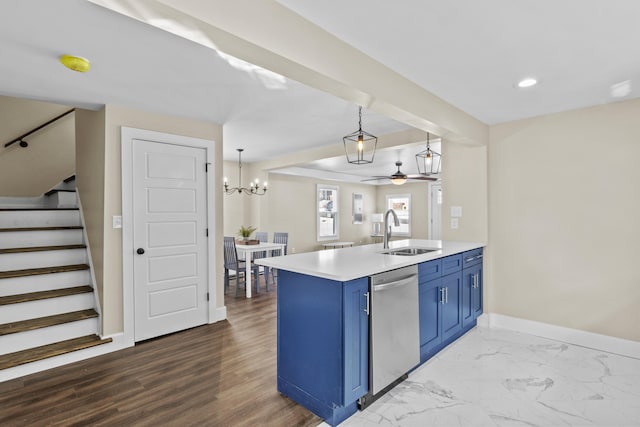 kitchen with light countertops, hanging light fixtures, a sink, dishwasher, and a peninsula