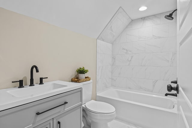 full bath with toilet,  shower combination, marble finish floor, vanity, and recessed lighting