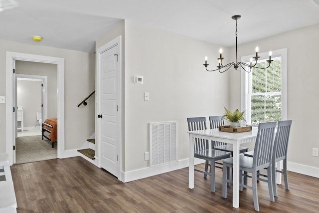 dining area featuring visible vents, dark wood finished floors, baseboards, and stairs