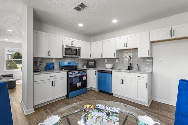 kitchen featuring appliances with stainless steel finishes, visible vents, a sink, and wood finished floors