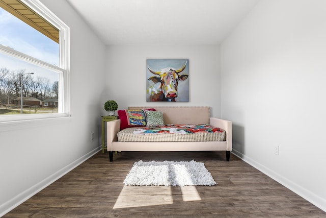 sitting room with baseboards and wood finished floors