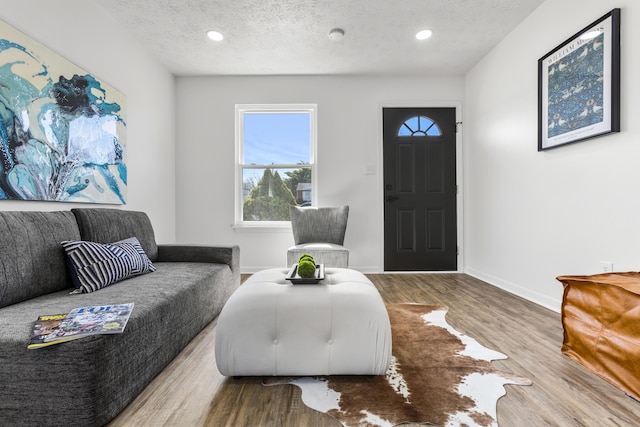 foyer entrance with a textured ceiling, baseboards, wood finished floors, and recessed lighting