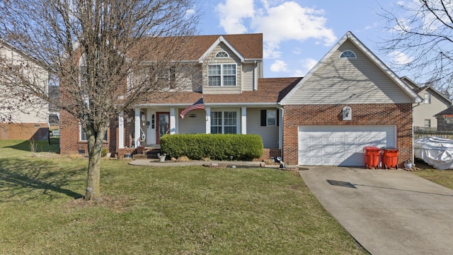 view of front facade with brick siding, concrete driveway, roof with shingles, an attached garage, and a front yard