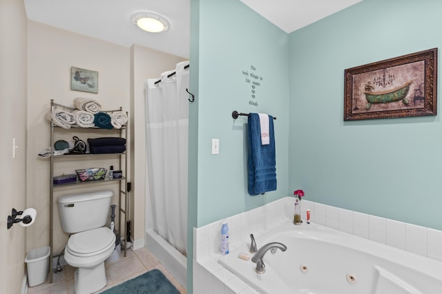 bathroom with a whirlpool tub, a shower stall, toilet, and tile patterned floors