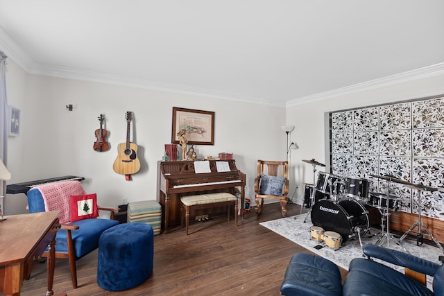 living room featuring wood finished floors and crown molding