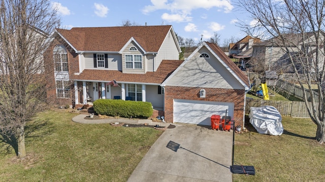 view of front of home featuring an attached garage, brick siding, fence, driveway, and a front yard