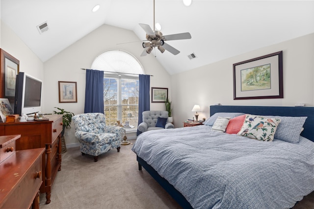 bedroom featuring ceiling fan, high vaulted ceiling, carpet, and visible vents