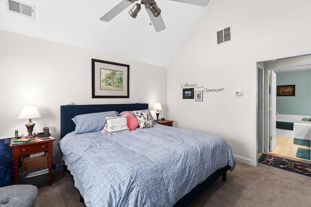 carpeted bedroom with baseboards, high vaulted ceiling, visible vents, and a ceiling fan