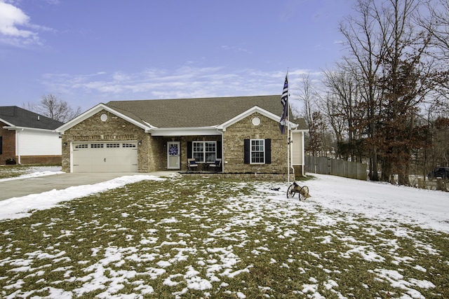 ranch-style home with driveway, an attached garage, and fence