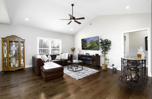 living room featuring recessed lighting, dark wood-type flooring, a ceiling fan, visible vents, and baseboards