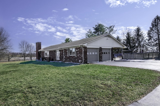 ranch-style home with driveway, a garage, a chimney, fence, and brick siding