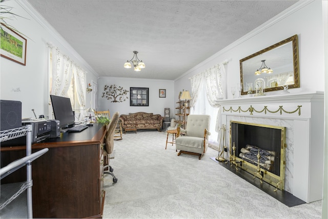 office with light carpet, a textured ceiling, a fireplace, and crown molding