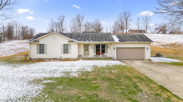 view of front facade featuring a porch, crawl space, concrete driveway, and an attached garage