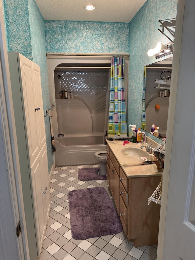 bathroom with toilet, shower / tub combo with curtain, vanity, and wallpapered walls